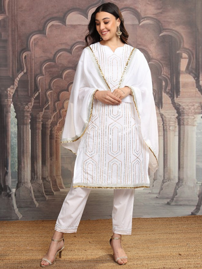Vishudh Women White Embroidered Kurta With Trouser And Dupatta - White - Image 2