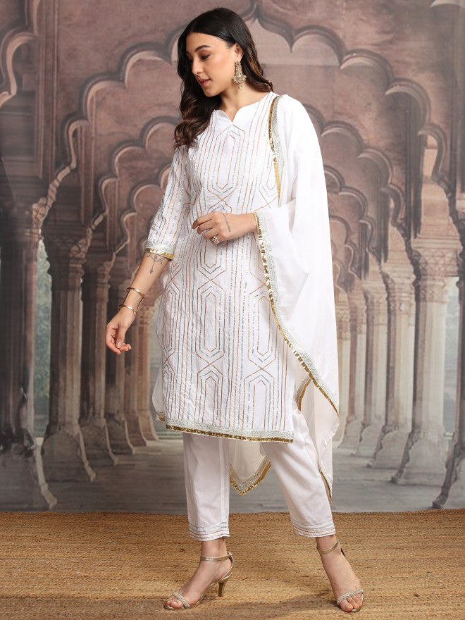 Vishudh Women White Embroidered Kurta With Trouser And Dupatta - White - Image 4