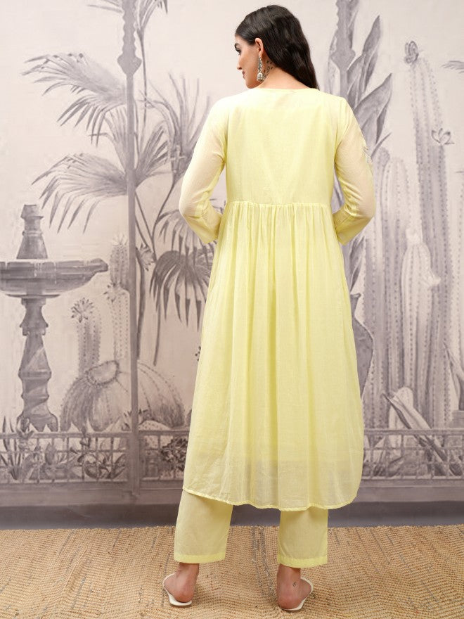 Vishudh Women Yellow Embroidered Kurta With Palazzo - Yellow - Image 3
