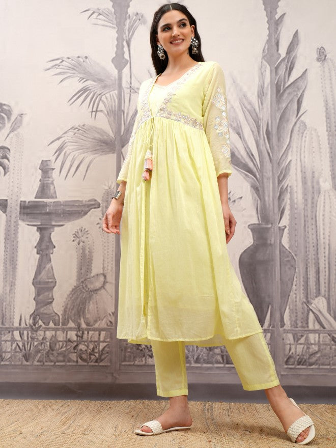 Vishudh Women Yellow Embroidered Kurta With Palazzo - Yellow - Image 4