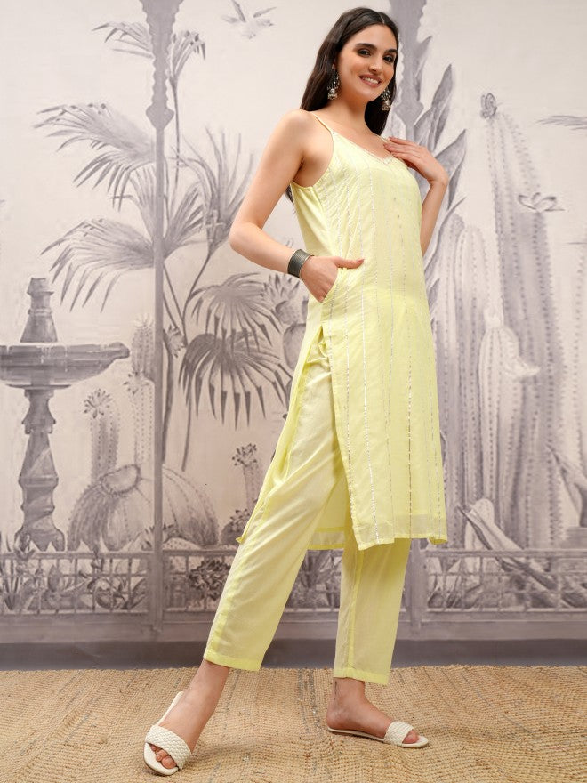 Vishudh Women Yellow Embroidered Kurta With Palazzo - Yellow - Image 6