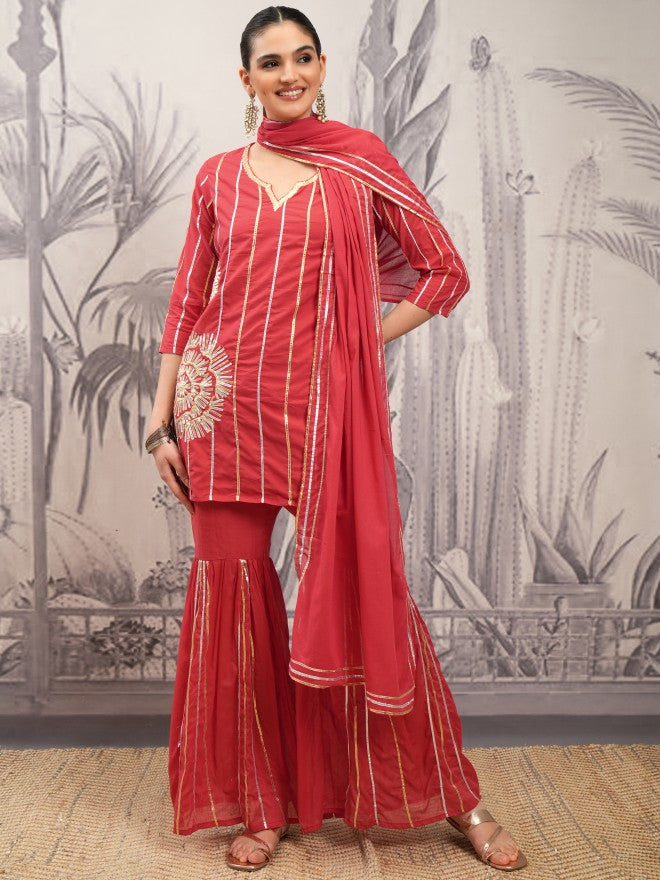 Vishudh Women Red Embroidered Kurta With Sharara And Dupatta - Red - Image 2