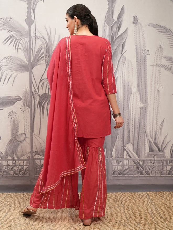Vishudh Women Red Embroidered Kurta With Sharara And Dupatta - Red - Image 3