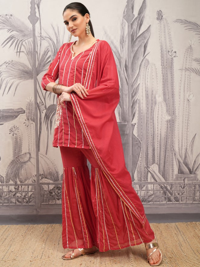 Vishudh Women Red Embroidered Kurta With Sharara And Dupatta - Red - Image 4