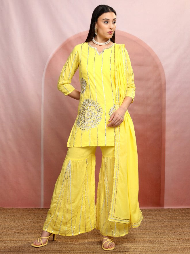 Vishudh Women Yellow Embroidered Kurta With Sharara And Dupatta - Yellow - Image 2