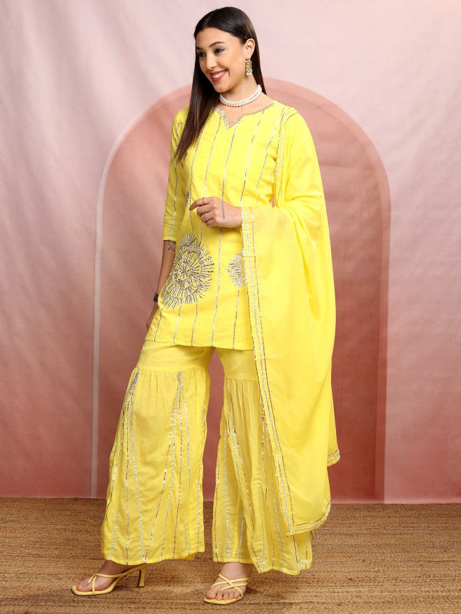 Vishudh Women Yellow Embroidered Kurta With Sharara And Dupatta - Yellow - Image 4