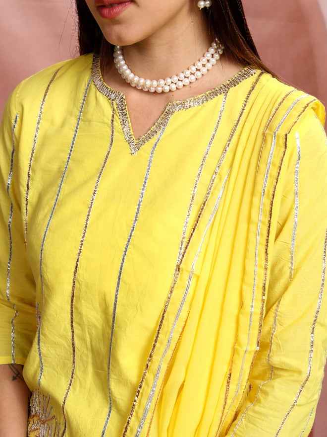 Vishudh Women Yellow Embroidered Kurta With Sharara And Dupatta - Yellow - Image 5