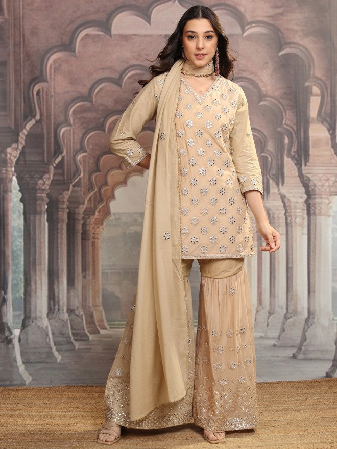 Vishudh Women Beige Embroidered Kurta With Sharara And Dupatta - Beige - Image 2