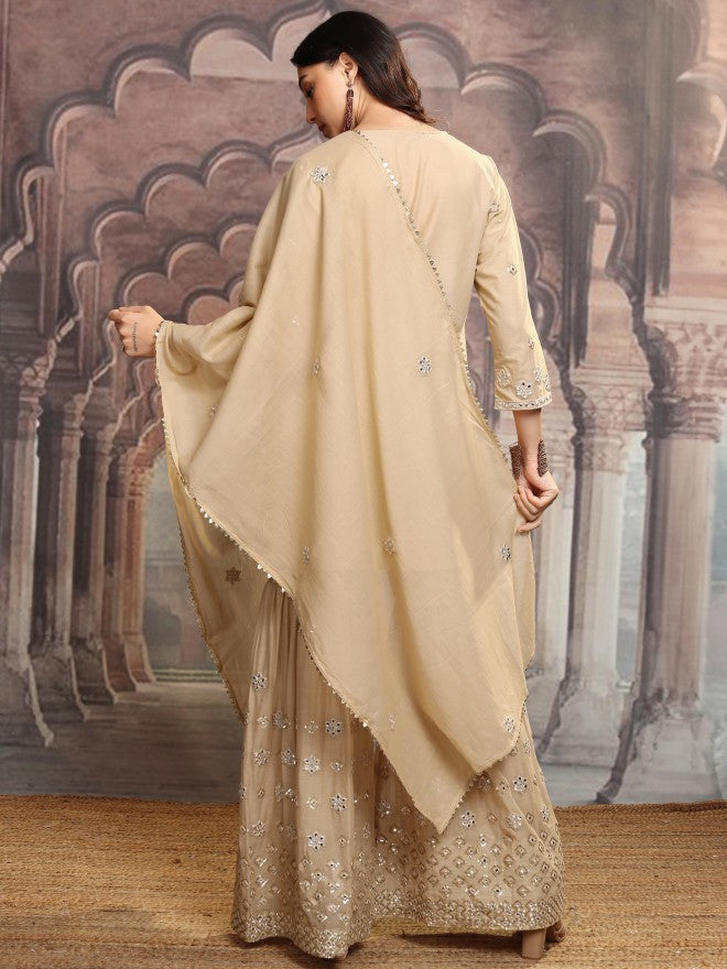 Vishudh Women Beige Embroidered Kurta With Sharara And Dupatta - Beige - Image 3