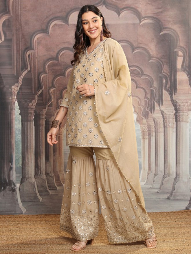 Vishudh Women Beige Embroidered Kurta With Sharara And Dupatta - Beige - Image 4