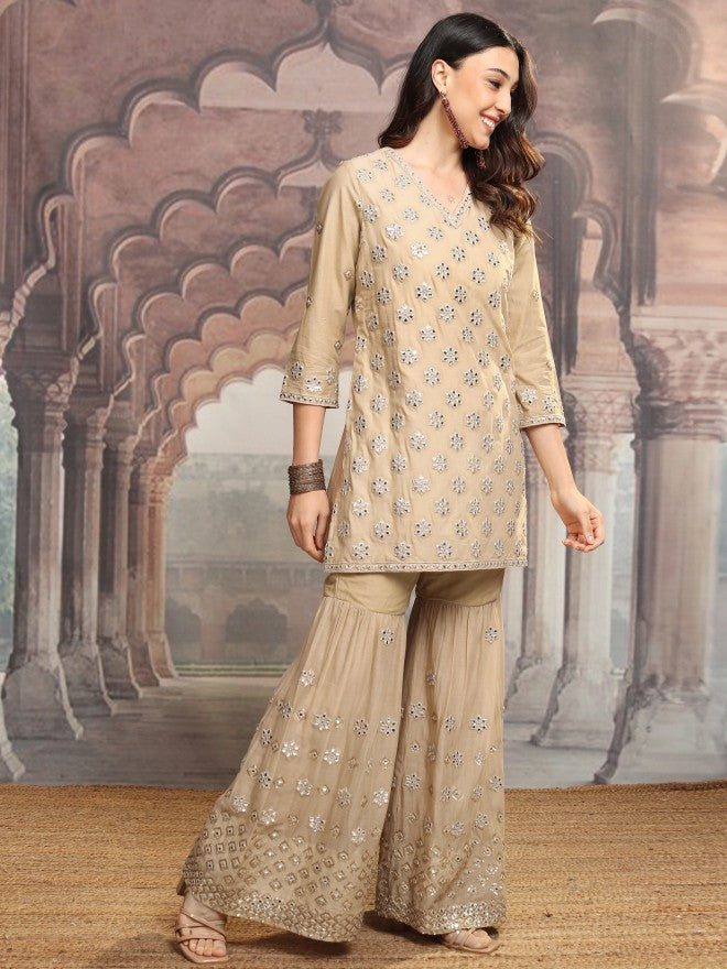 Vishudh Women Beige Embroidered Kurta With Sharara And Dupatta - Beige - Image 6