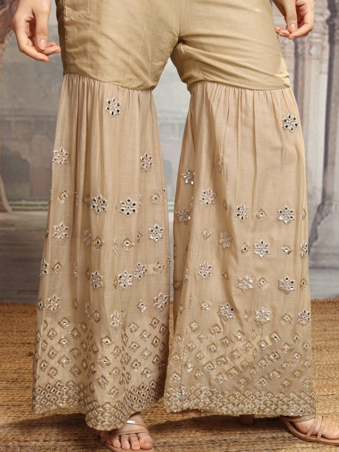 Vishudh Women Beige Embroidered Kurta With Sharara And Dupatta - Beige - Image 7