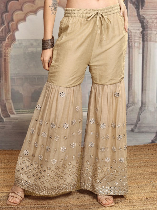 Vishudh Women Beige Embroidered Kurta With Sharara And Dupatta - Beige - Image 8