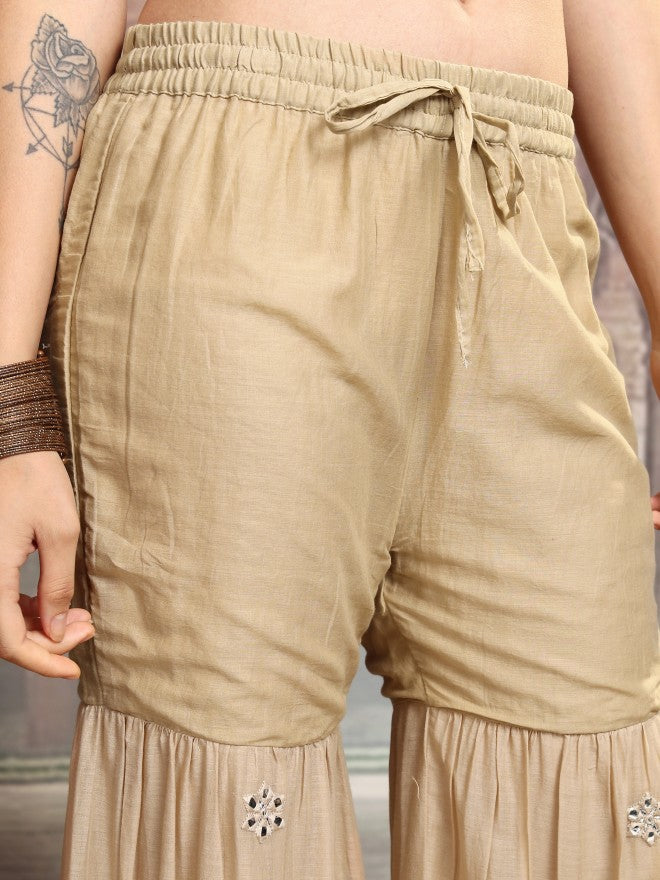 Vishudh Women Beige Embroidered Kurta With Sharara And Dupatta - Beige - Image 9