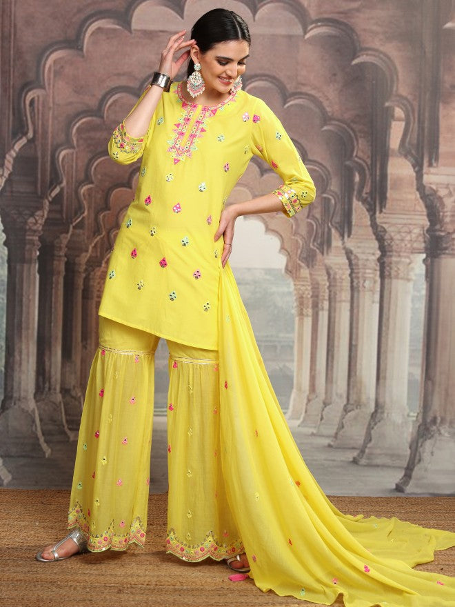Vishudh Women Yellow Embroidered Kurta With Sharara And Dupatta - Yellow - Image 2
