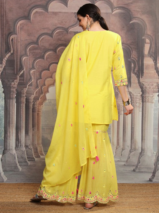 Vishudh Women Yellow Embroidered Kurta With Sharara And Dupatta - Yellow - Image 3
