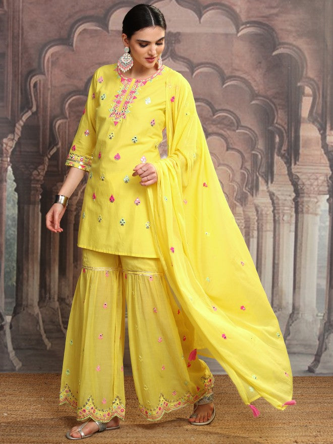 Vishudh Women Yellow Embroidered Kurta With Sharara And Dupatta - Yellow - Image 4