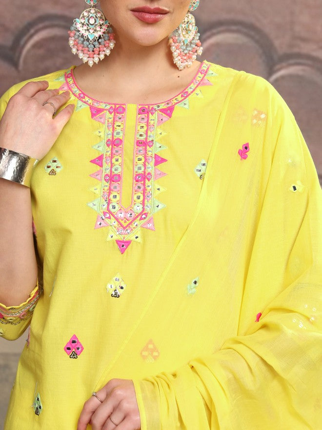 Vishudh Women Yellow Embroidered Kurta With Sharara And Dupatta - Yellow - Image 5