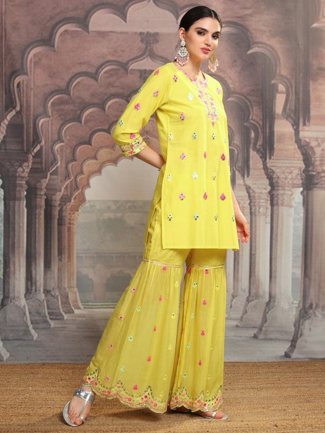 Vishudh Women Yellow Embroidered Kurta With Sharara And Dupatta - Yellow - Image 6