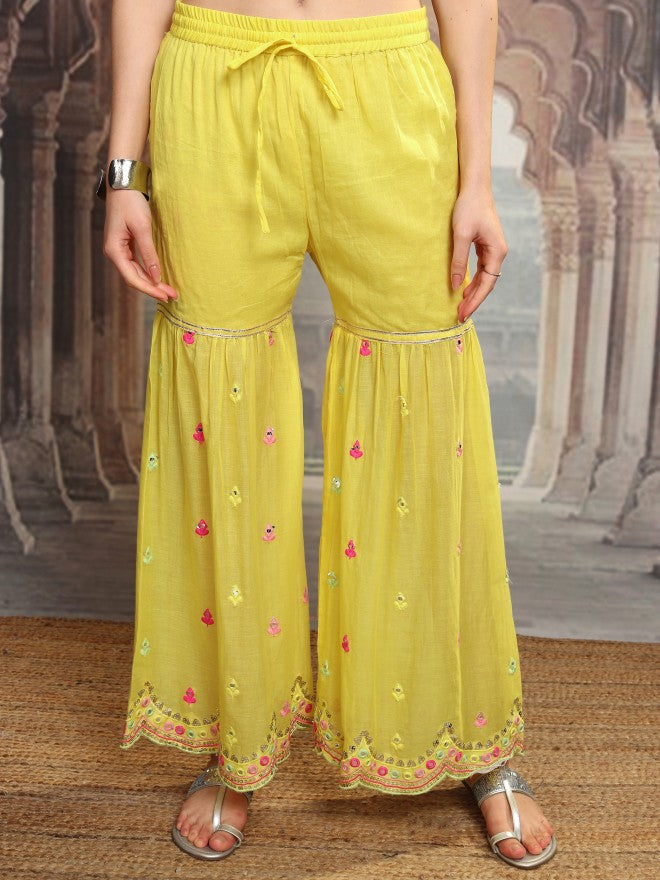 Vishudh Women Yellow Embroidered Kurta With Sharara And Dupatta - Yellow - Image 8
