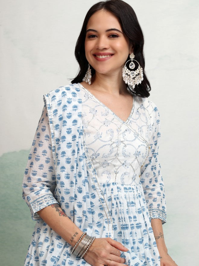Vishudh Women White Printed Kurta With Trouser And Dupatta - White - Image 1