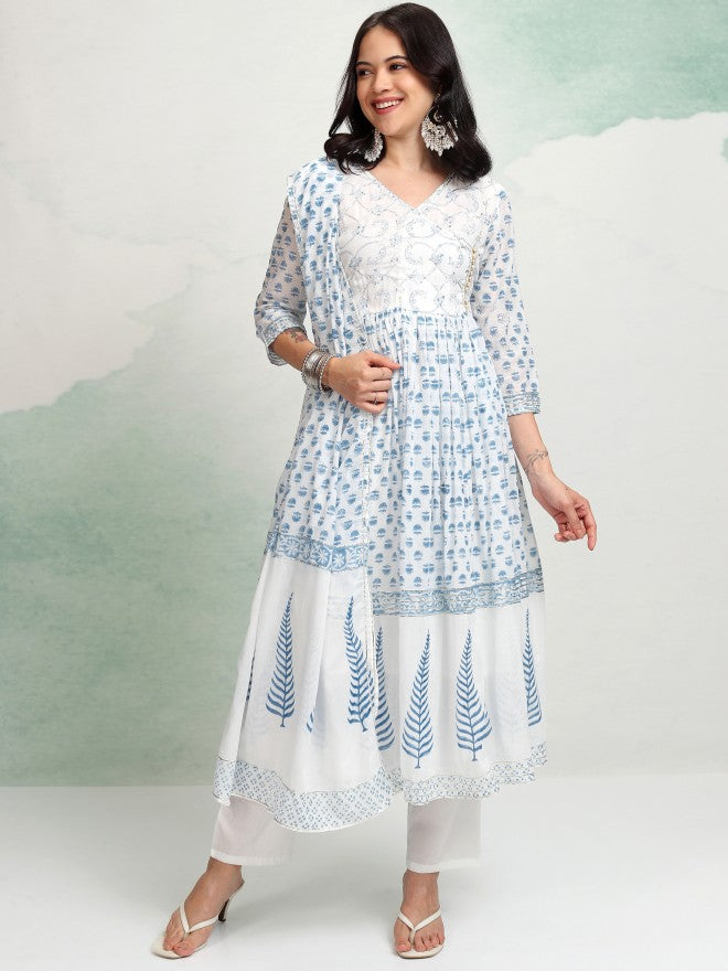 Vishudh Women White Printed Kurta With Trouser And Dupatta - White - Image 2