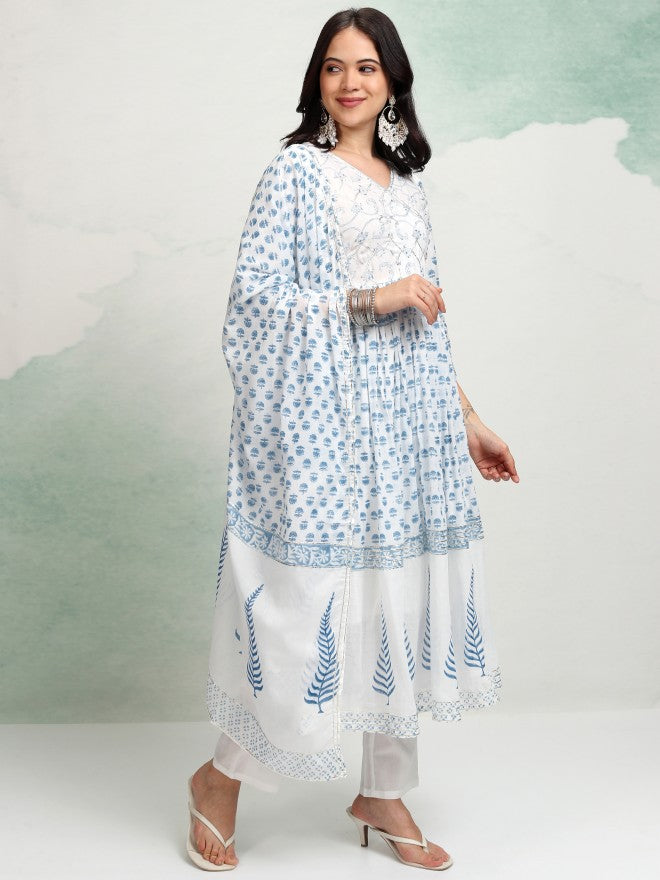 Vishudh Women White Printed Kurta With Trouser And Dupatta - White - Image 3