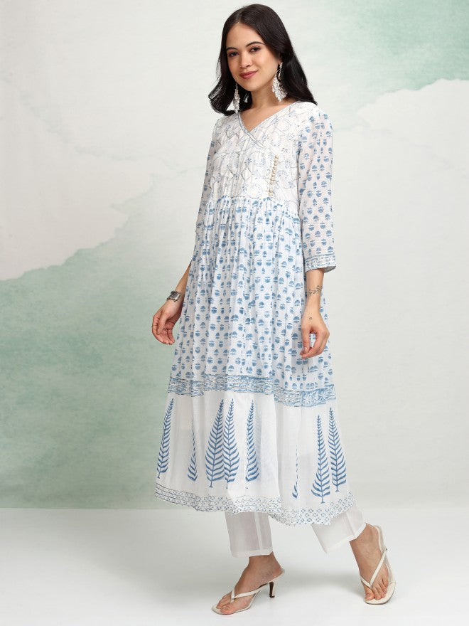 Vishudh Women White Printed Kurta With Trouser And Dupatta - White - Image 4