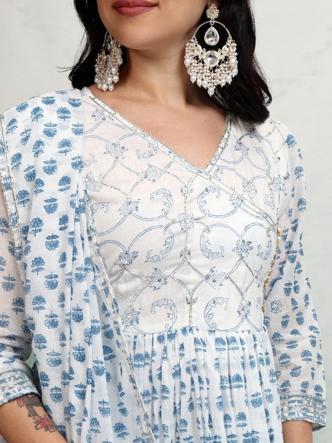 Vishudh Women White Printed Kurta With Trouser And Dupatta - White - Image 5