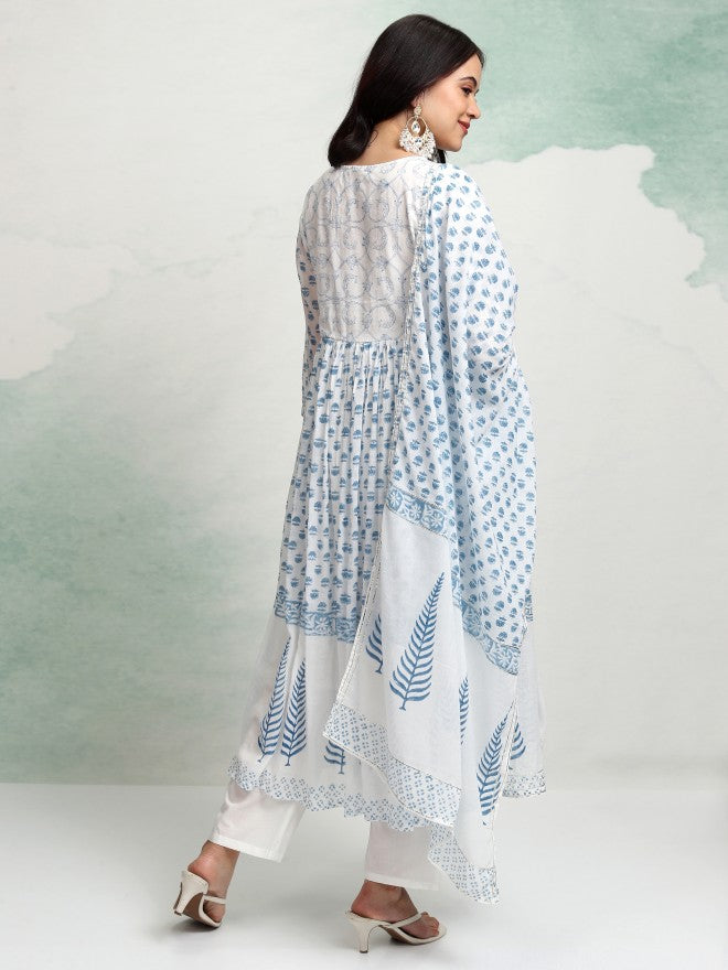 Vishudh Women White Printed Kurta With Trouser And Dupatta - White - Image 6