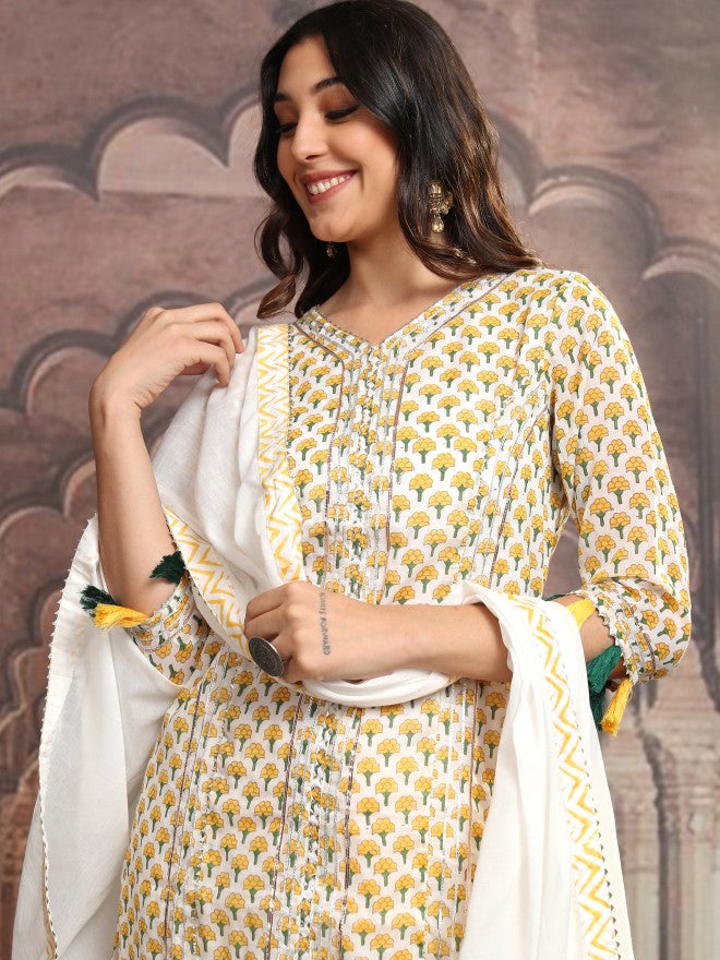 Vishudh Women Yellow Printed Kurta With Sharara And Dupatta - Yellow - Image 1