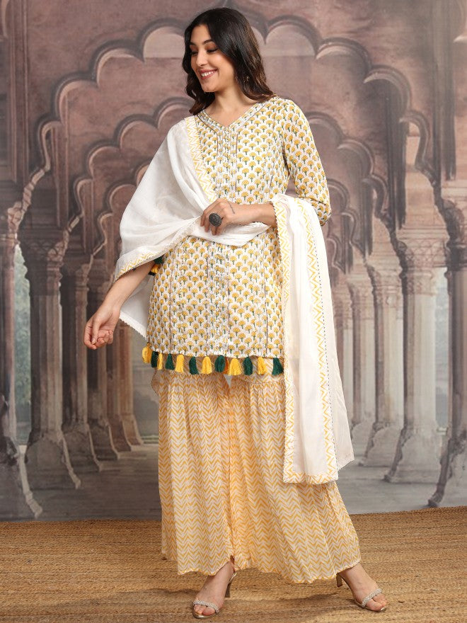 Vishudh Women Yellow Printed Kurta With Sharara And Dupatta - Yellow - Image 2