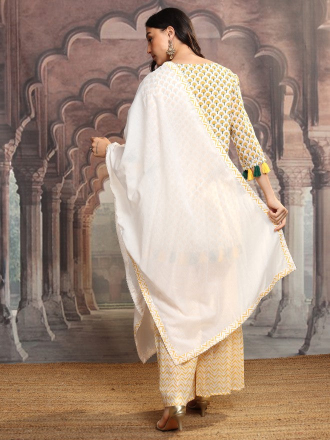 Vishudh Women Yellow Printed Kurta With Sharara And Dupatta - Yellow - Image 3