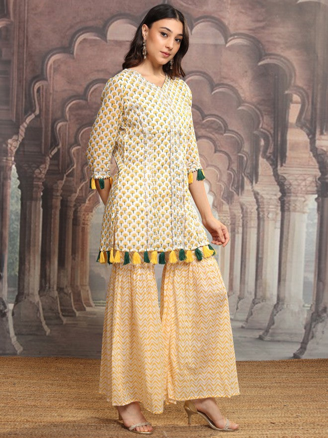 Vishudh Women Yellow Printed Kurta With Sharara And Dupatta - Yellow - Image 4