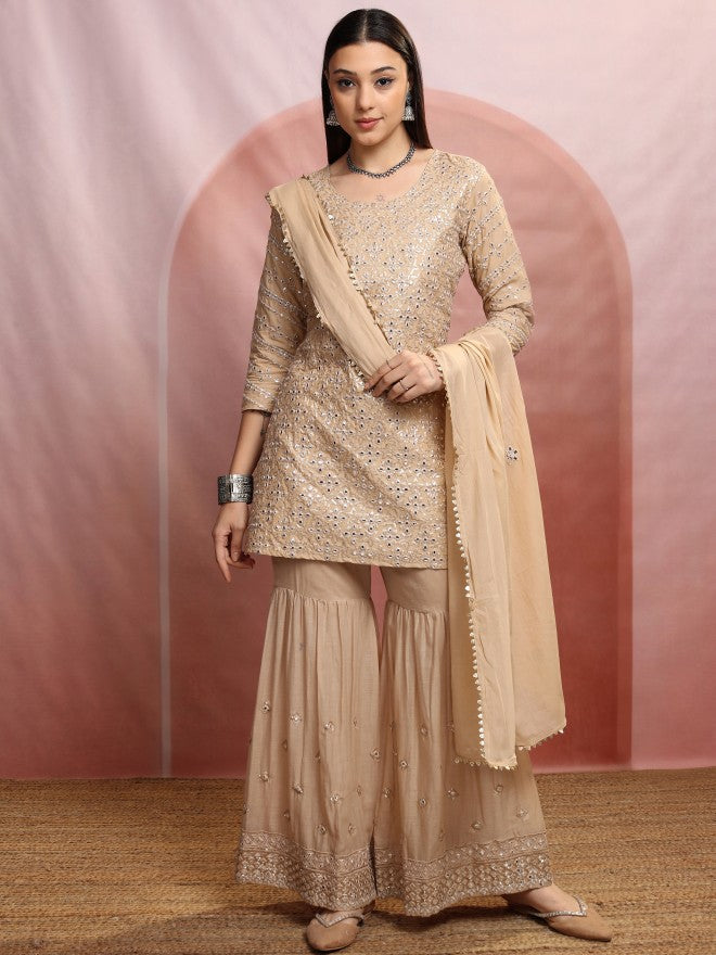 Vishudh Women Beige Embroidered Kurta With Sharara And Dupatta - Beige - Image 2