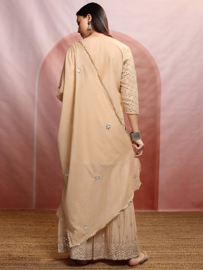 Vishudh Women Beige Embroidered Kurta With Sharara And Dupatta - Beige - Image 3