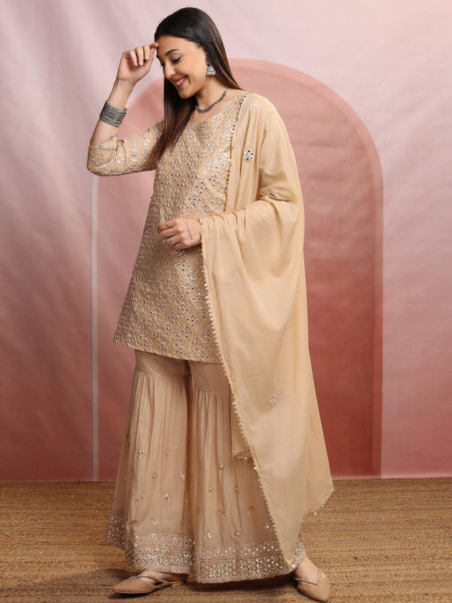 Vishudh Women Beige Embroidered Kurta With Sharara And Dupatta - Beige - Image 4
