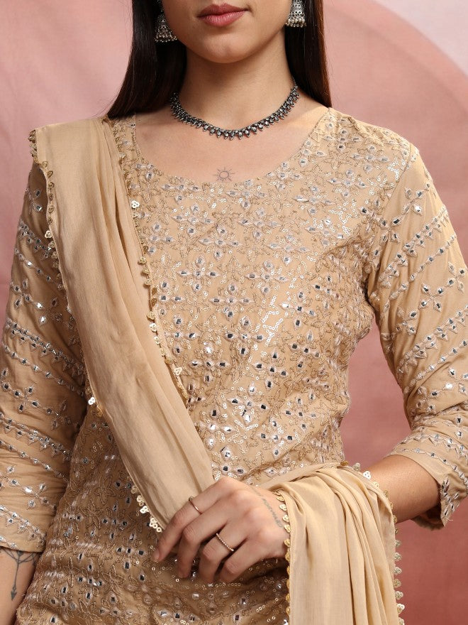Vishudh Women Beige Embroidered Kurta With Sharara And Dupatta - Beige - Image 5