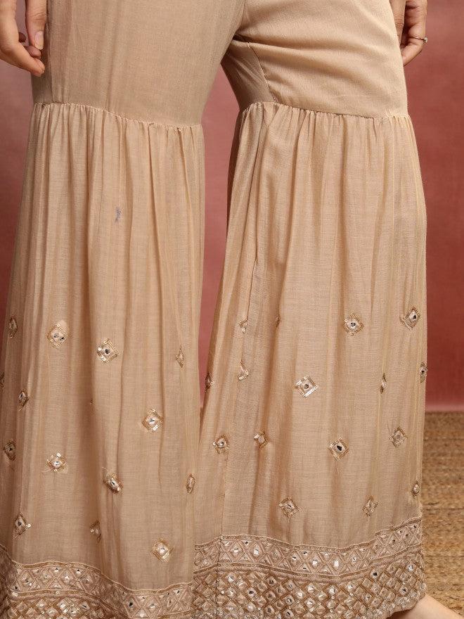 Vishudh Women Beige Embroidered Kurta With Sharara And Dupatta - Beige - Image 9