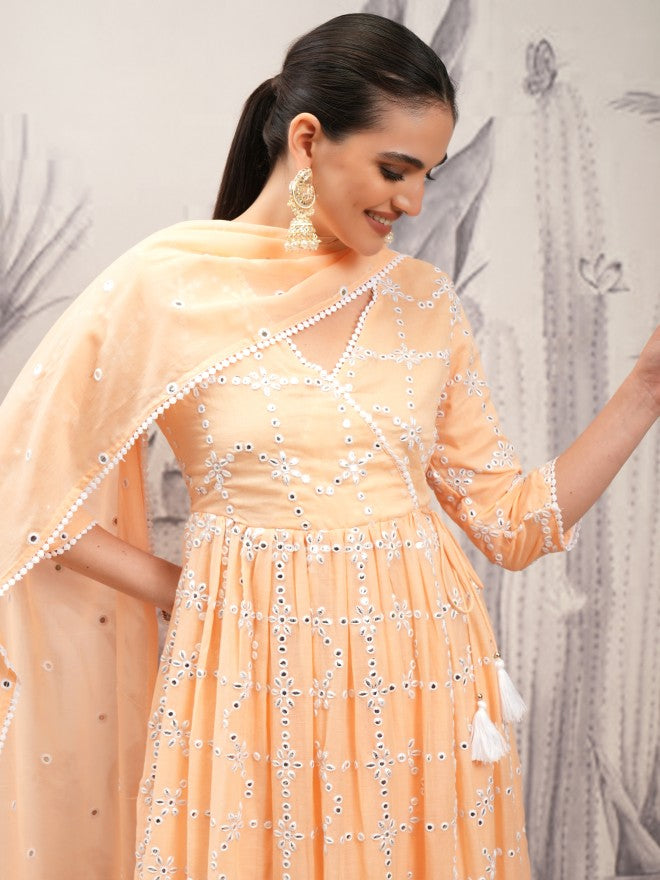 Vishudh Women Orange Embroidered Kurta With Trouser And Dupatta - Orange - Image 1