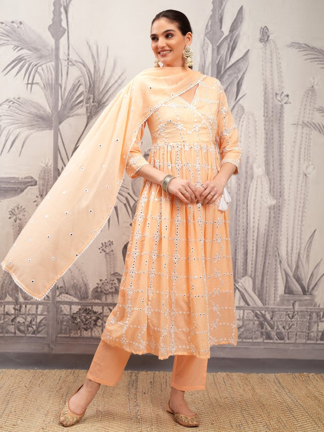 Vishudh Women Orange Embroidered Kurta With Trouser And Dupatta - Orange - Image 2