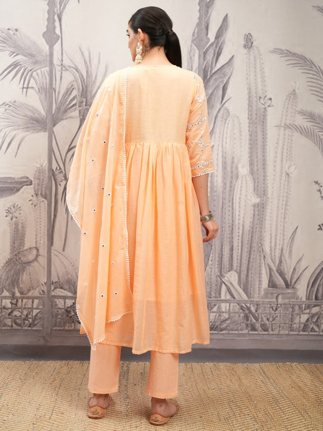 Vishudh Women Orange Embroidered Kurta With Trouser And Dupatta - Orange - Image 3