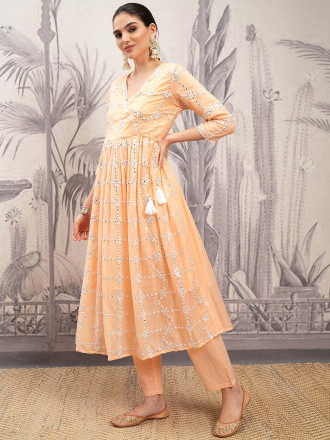 Vishudh Women Orange Embroidered Kurta With Trouser And Dupatta - Orange - Image 4