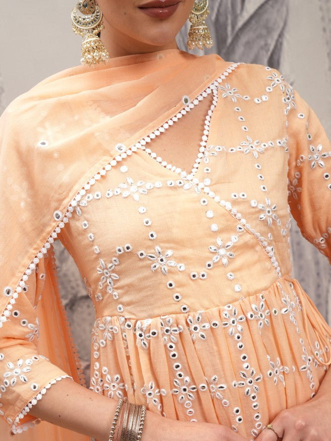 Vishudh Women Orange Embroidered Kurta With Trouser And Dupatta - Orange - Image 5