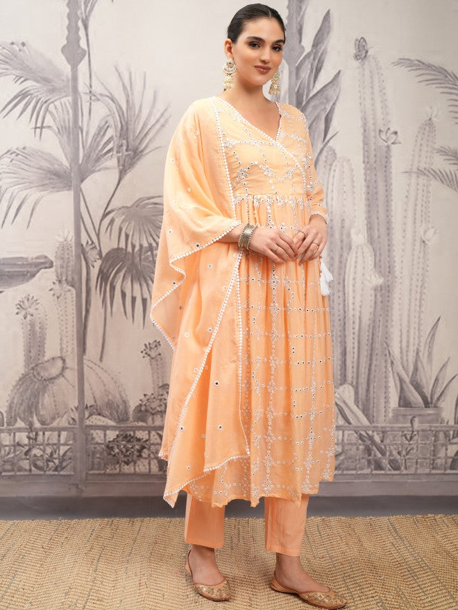 Vishudh Women Orange Embroidered Kurta With Trouser And Dupatta - Orange - Image 6
