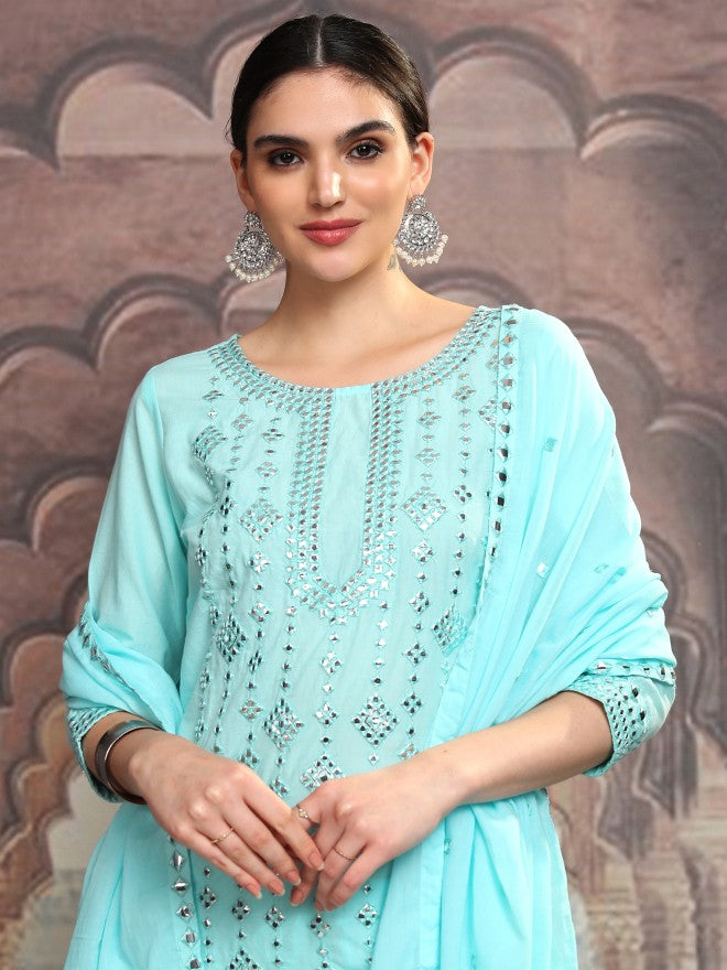 Vishudh Women Blue Embroidered Kurta With Trouser And Dupatta - Blue - Image 1