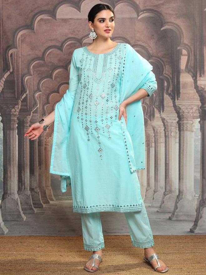 Vishudh Women Blue Embroidered Kurta With Trouser And Dupatta - Blue - Image 2