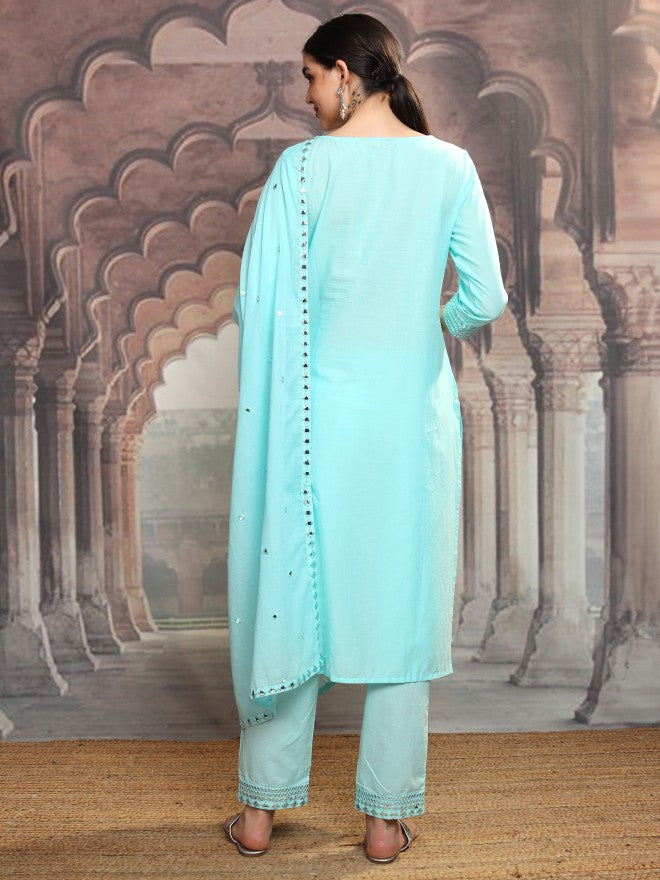 Vishudh Women Blue Embroidered Kurta With Trouser And Dupatta - Blue - Image 3