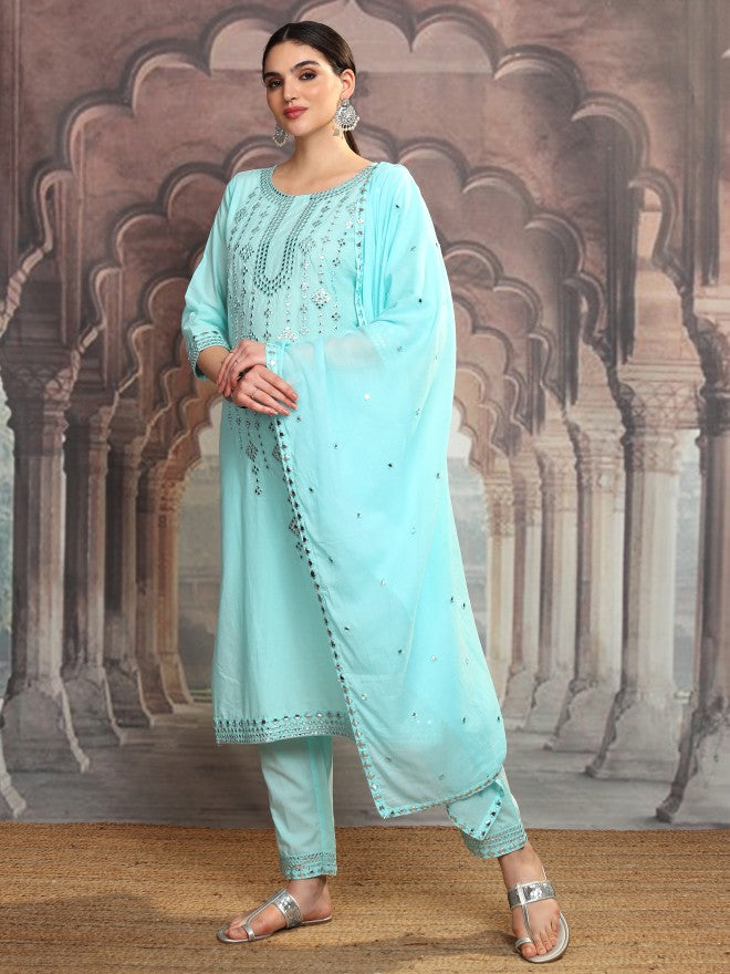 Vishudh Women Blue Embroidered Kurta With Trouser And Dupatta - Blue - Image 4