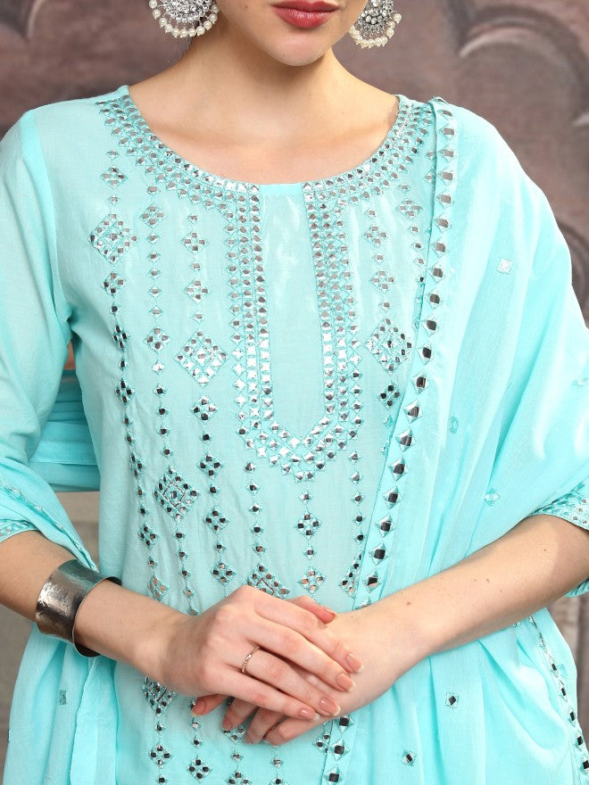 Vishudh Women Blue Embroidered Kurta With Trouser And Dupatta - Blue - Image 5